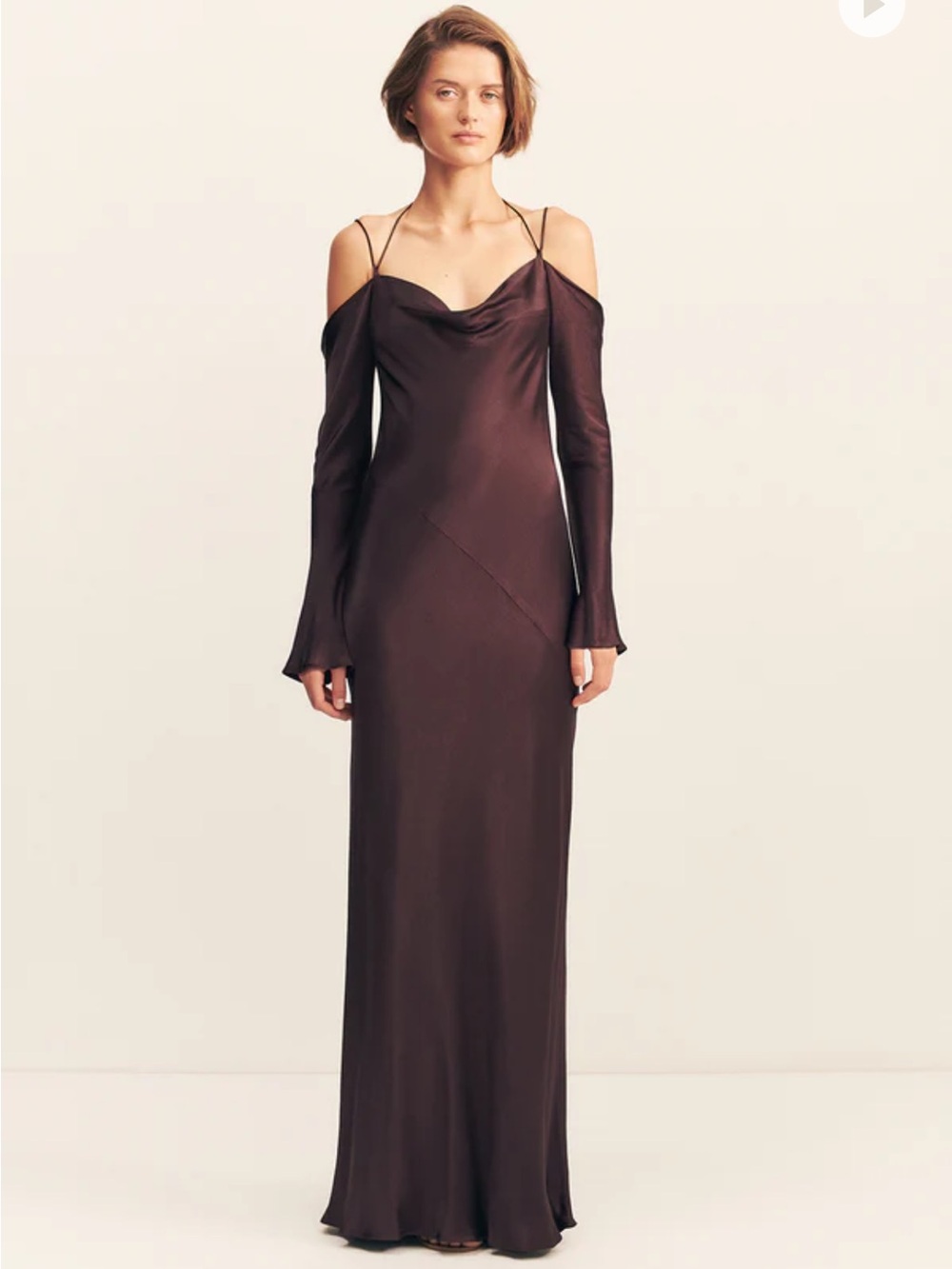 Shona Joy Cold-Shoulder Satin Maxi Dress in Deep Brown